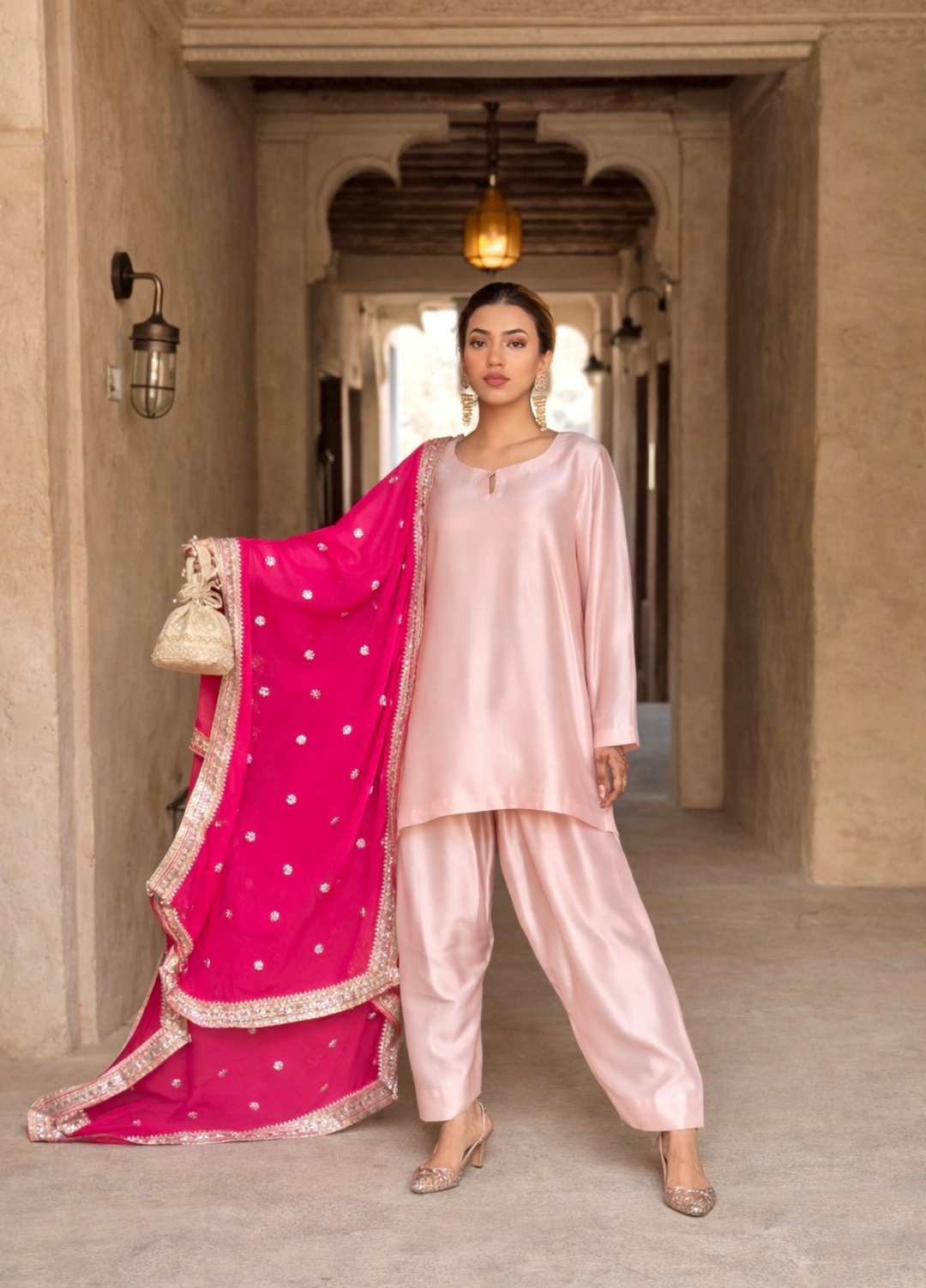 The Opulence by Girl Store RTW Solids Katan Silk 3 Piece Suit Carnation Pink - Eid Collection