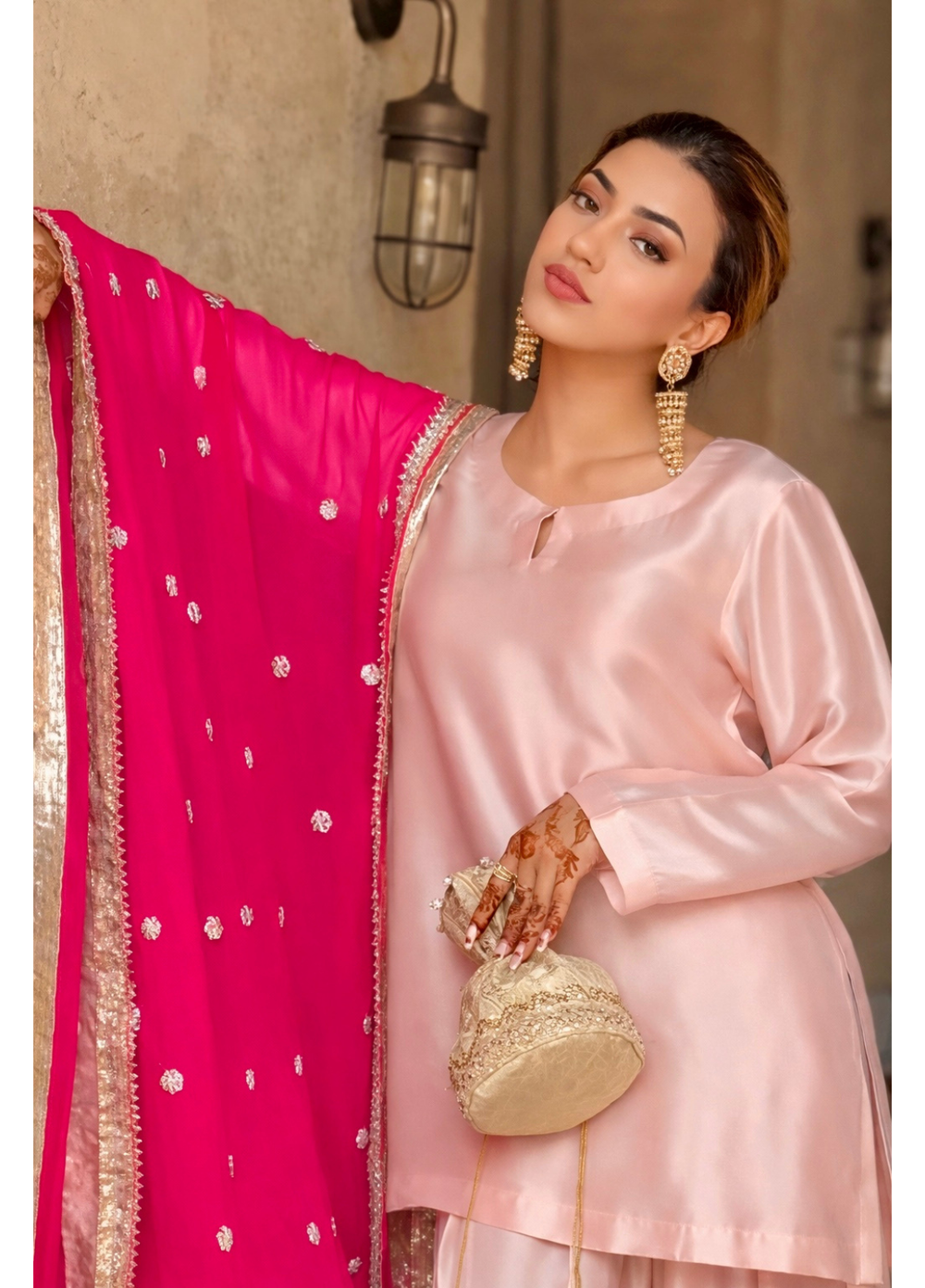 The Opulence by Girl Store RTW Solids Katan Silk 3 Piece Suit Carnation Pink - Eid Collection