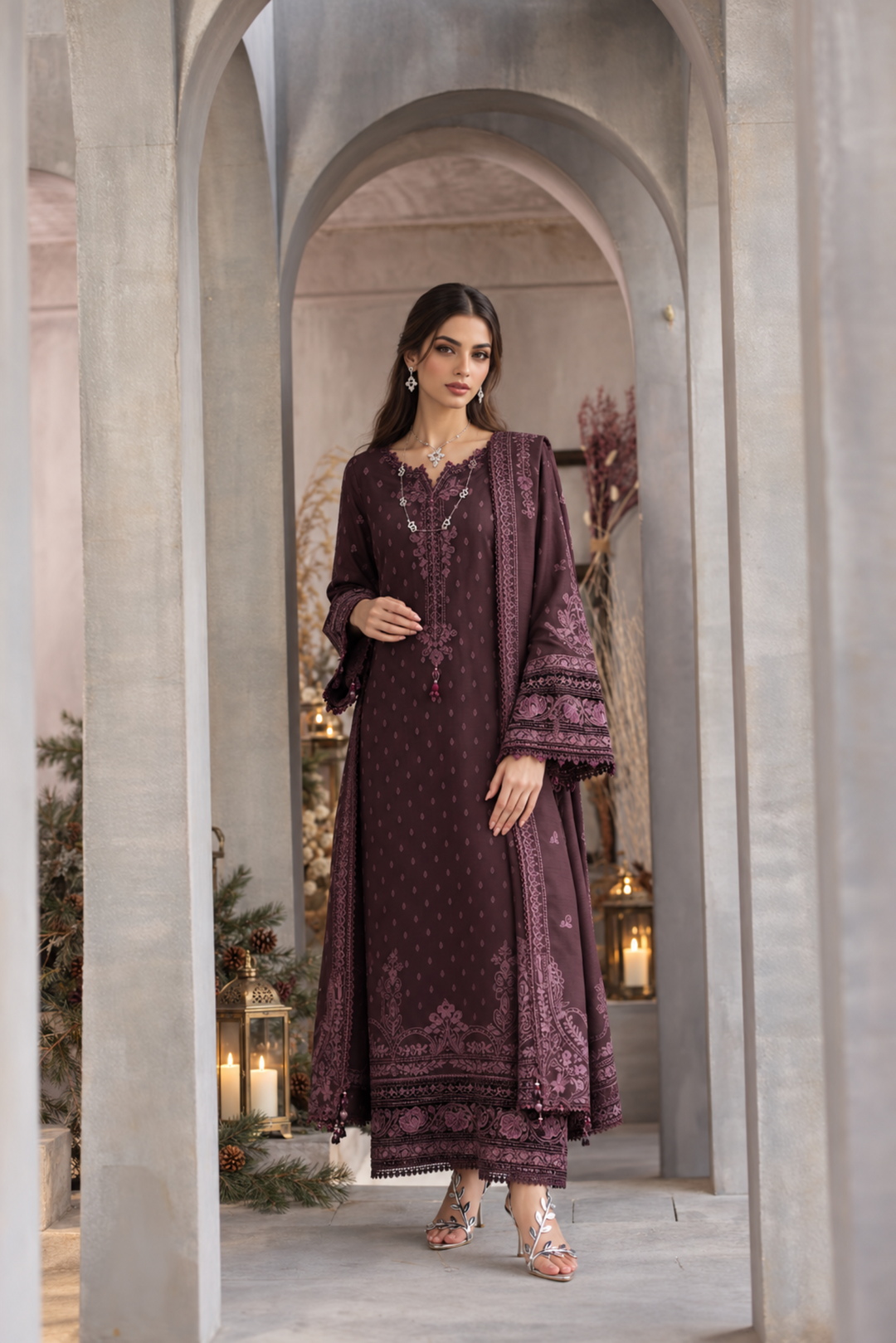Noor Pashmina Shawl by Saadia Asad Unstitched Embroidered Khaddar 3 Piece Suit SA26UNW D10 - Winter Collection