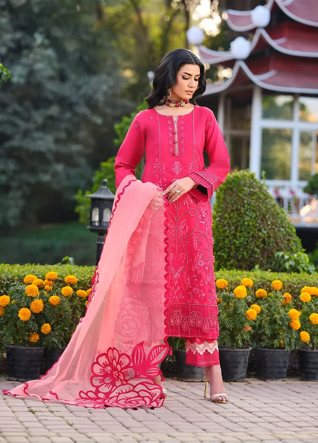 Menaal Unstitched Embroidered Lawn 3 Piece Suit ML26ULS CRIMSON ROSE - Festive Collection