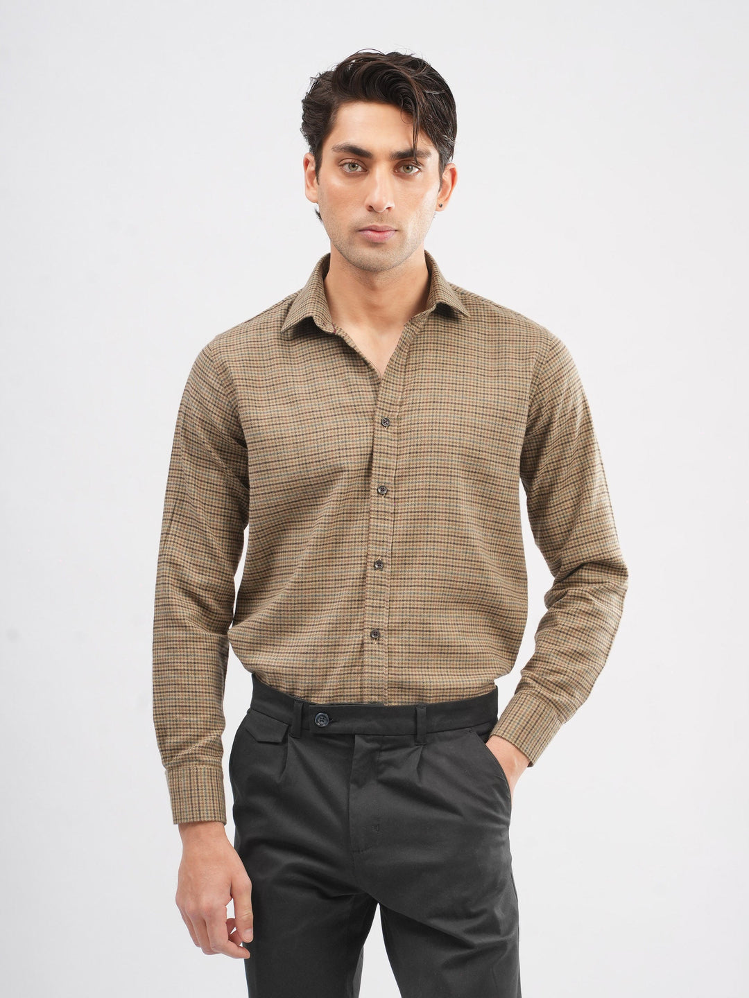 Brumano Mens RTW Solids Cotton Shirt Camel Brown Flannel Casual Collection