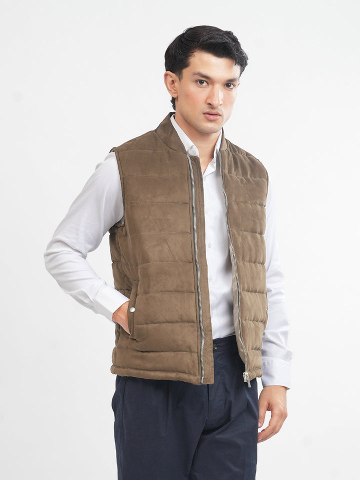 Brumano Mens RTW Solids Poly Jacket Camel Brown Suede Sleeveless Winter Collection