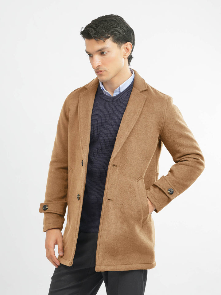 Brumano Mens RTW Solids Wool 1 Piece Camel Brown Blenled Over Coat Winter Collection