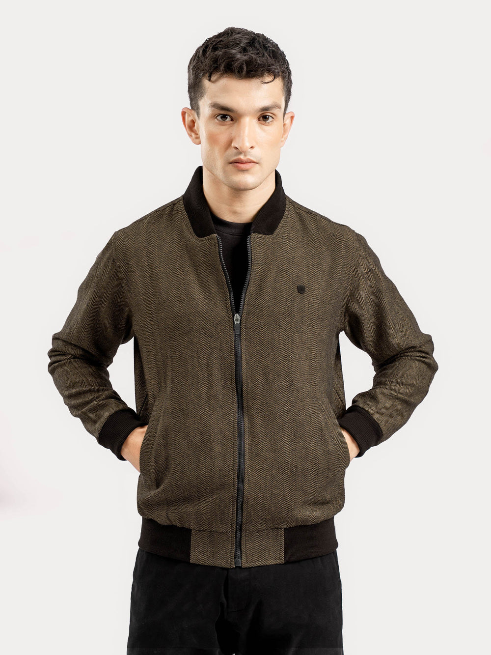 Brumano Mens RTW Solids Poly Jacket Camel Herringbone Bomber Jacket Winter Collection
