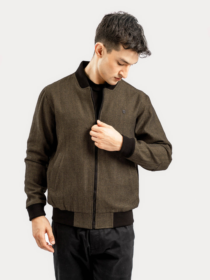 Brumano Mens RTW Solids Poly Jacket Camel Herringbone Bomber Jacket Winter Collection