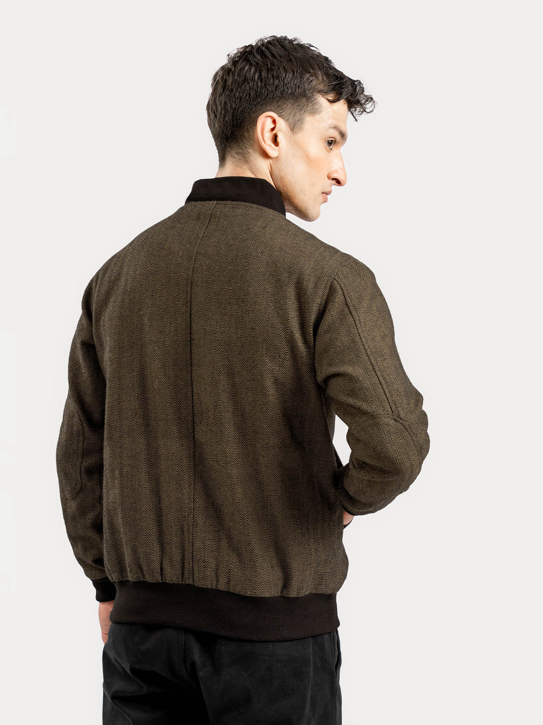 Brumano Mens RTW Solids Poly Jacket Camel Herringbone Bomber Jacket Winter Collection