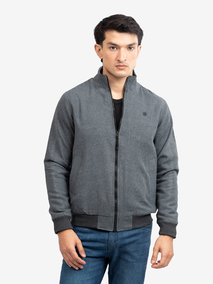 Brumano Mens RTW Solids Poly Jacket Charcoal Grey Mock Neck Winter Collection
