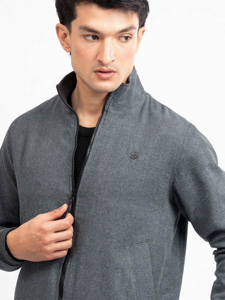 Brumano Mens RTW Solids Poly Jacket Charcoal Grey Mock Neck Winter Collection