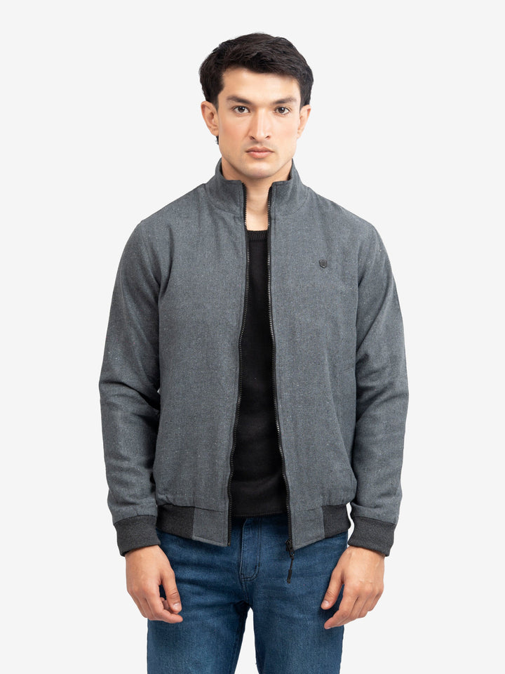 Brumano Mens RTW Solids Poly Jacket Charcoal Grey Mock Neck Winter Collection