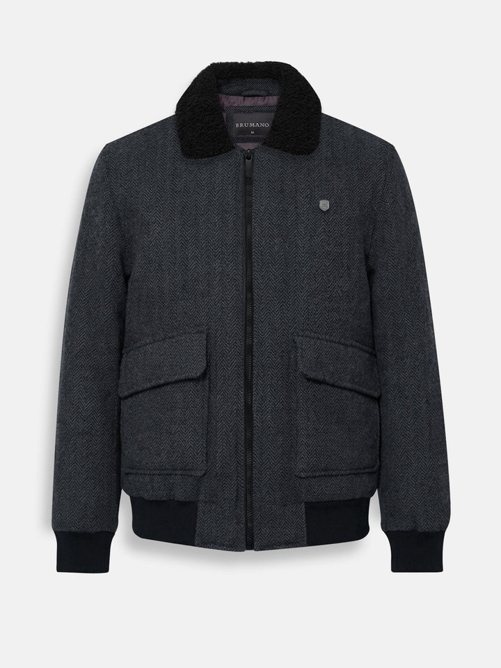 Brumano Mens RTW Solids Wool Jacket Charcoal Blended With Sherpa Collar Winter Collection