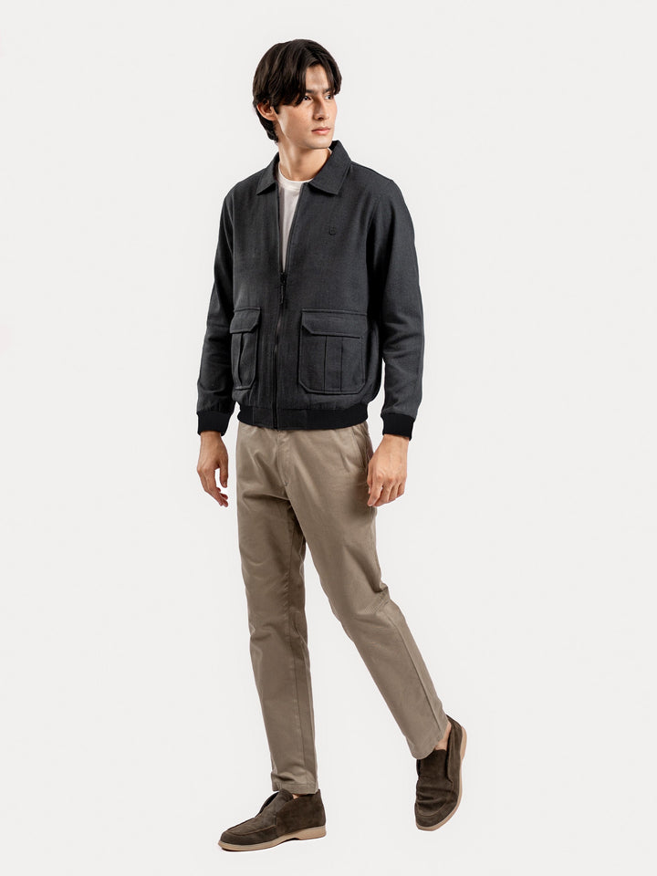 Brumano Ready To Wear Solids Cotton 1 Piece Men Charcoal Casual Collar Jacket With Cargo Pocket 0-11-025-4289 - Winter Collection