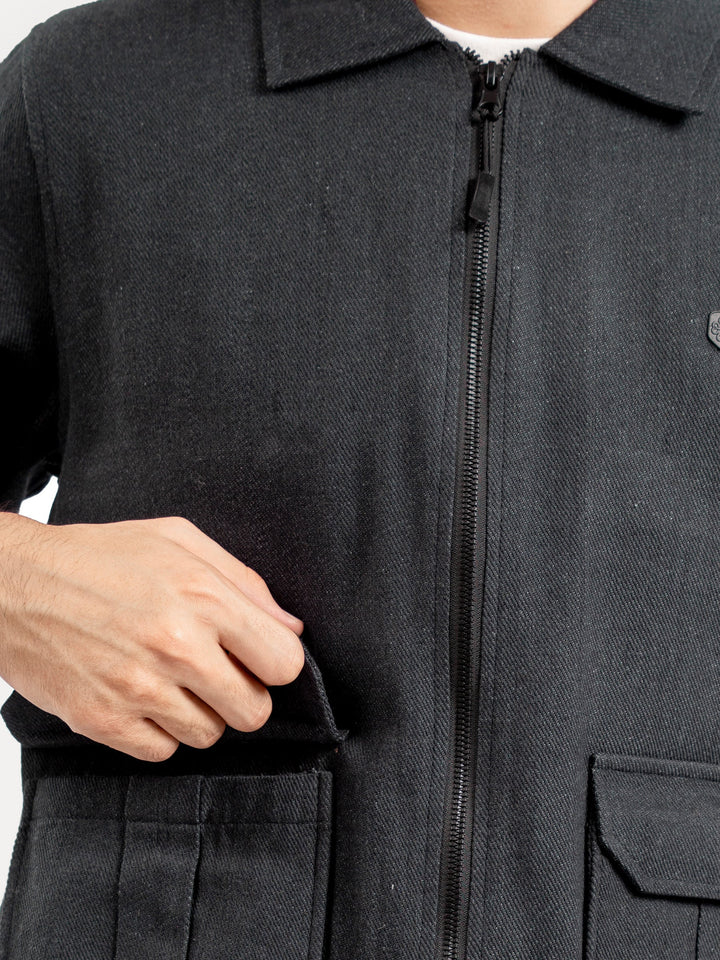 Charcoal Casual Collar Jacket With Cargo Pocket