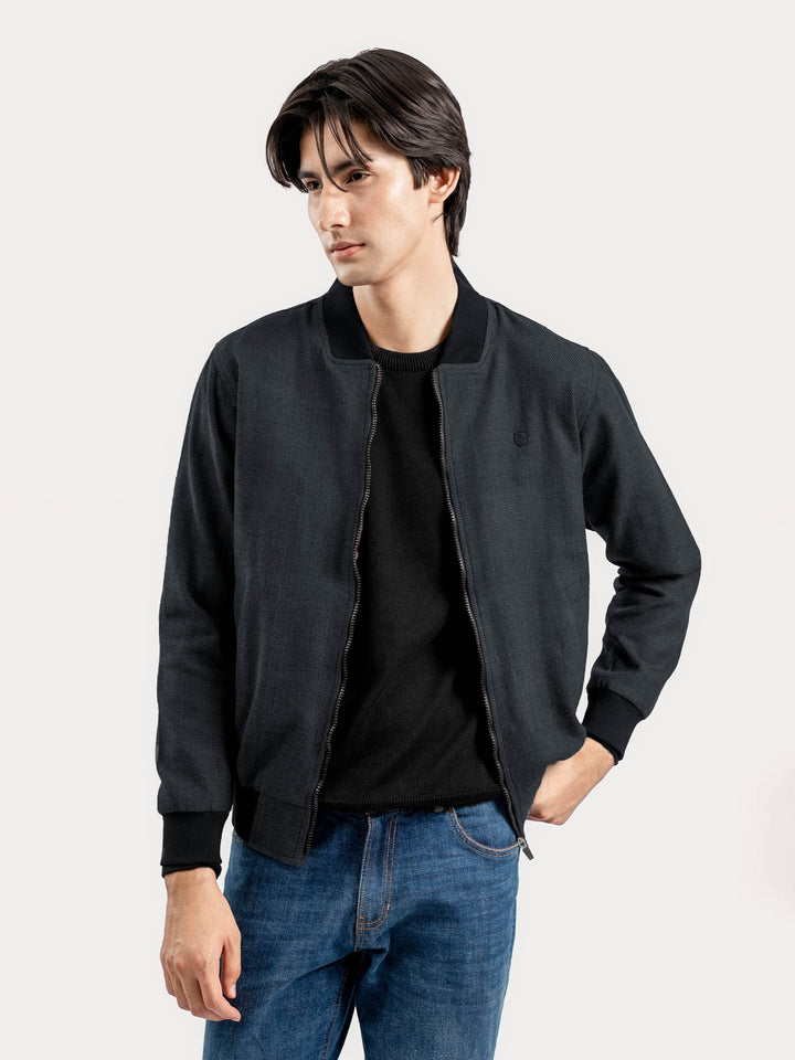 Brumano Ready To Wear Solids  Tencel 1 Piece Men Charcoal Herringbone Structured Bomber Jacket 0-11-025-4727 - Winter Collection