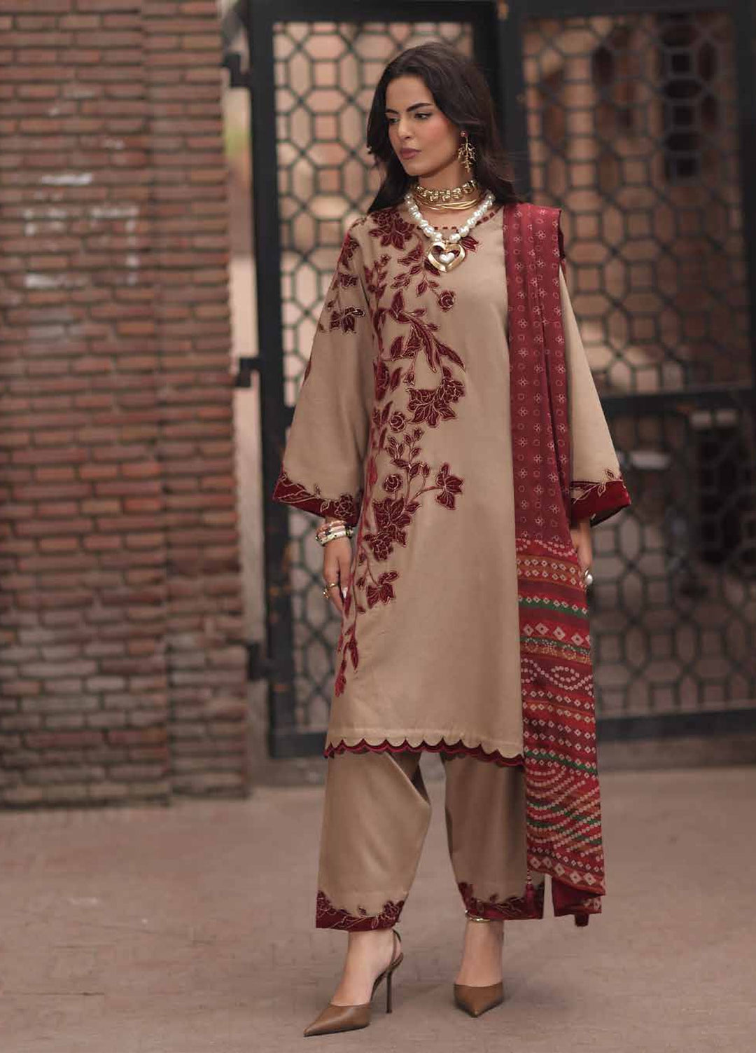 Signature by Charizma Unstitched Embroidered Leather Peach 3 Piece Suit CHR26USL CSL6-02 - Winter Collection
