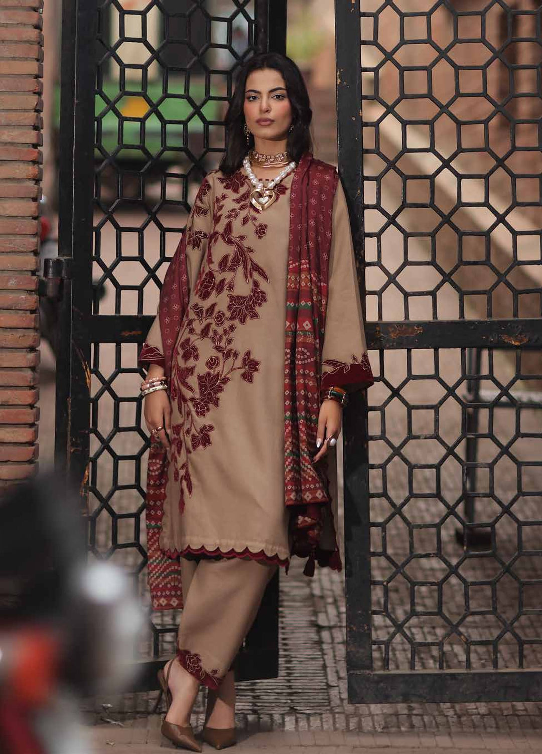 Signature by Charizma Unstitched Embroidered Leather Peach 3 Piece Suit CHR26USL CSL6-02 - Winter Collection