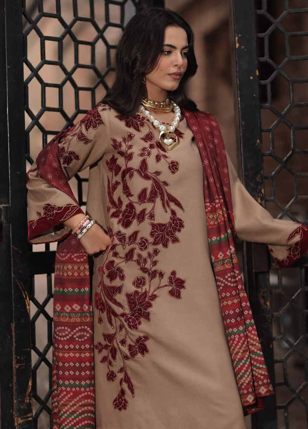 Signature by Charizma Unstitched Embroidered Leather Peach 3 Piece Suit CHR26USL CSL6-02 - Winter Collection