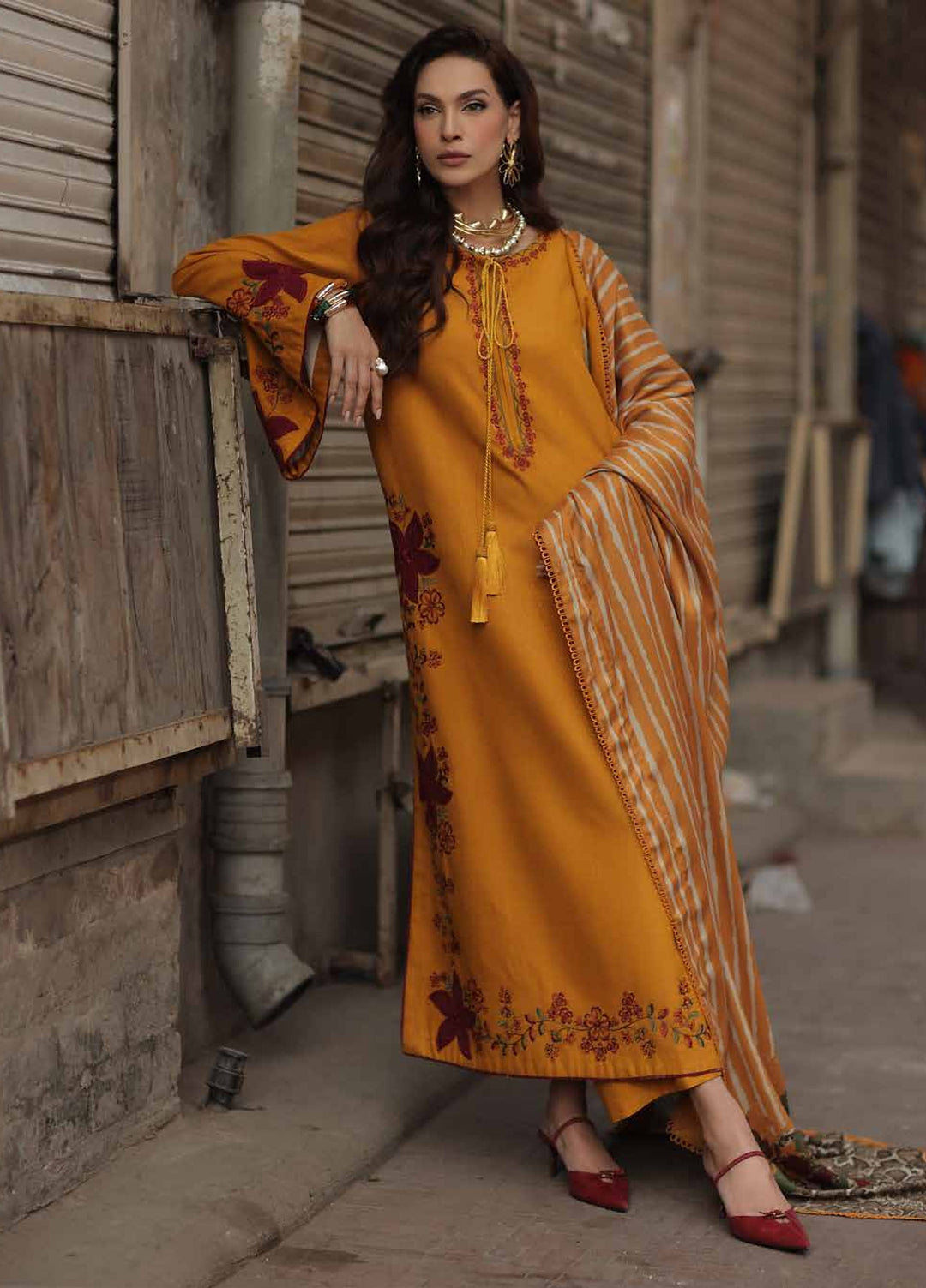 Signature by Charizma Unstitched Embroidered Leather Peach 3 Piece Suit CHR26USL CSL6-03 - Winter Collection