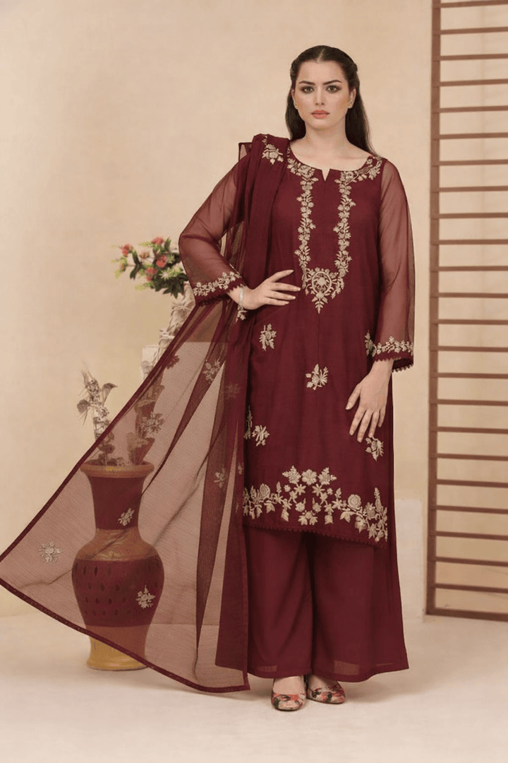 Silcot Women Pret Embroidered Khaddi Net 3 Piece Suit Marron Shimmer - Winter Collection