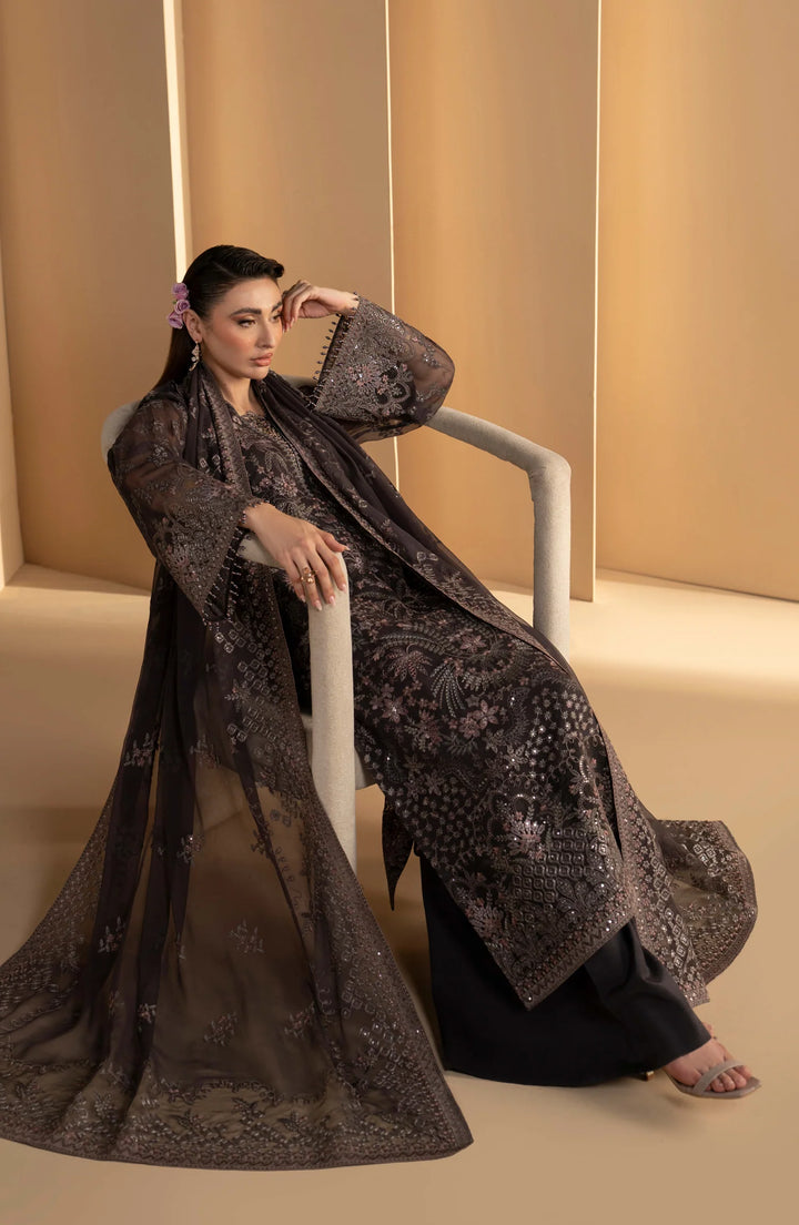 Purkashish by Lavish Premium Unstitched Embroidered Chiffon 3 Piece Suit LVP26UCP Coco Noir D-05 - Wedding Collection