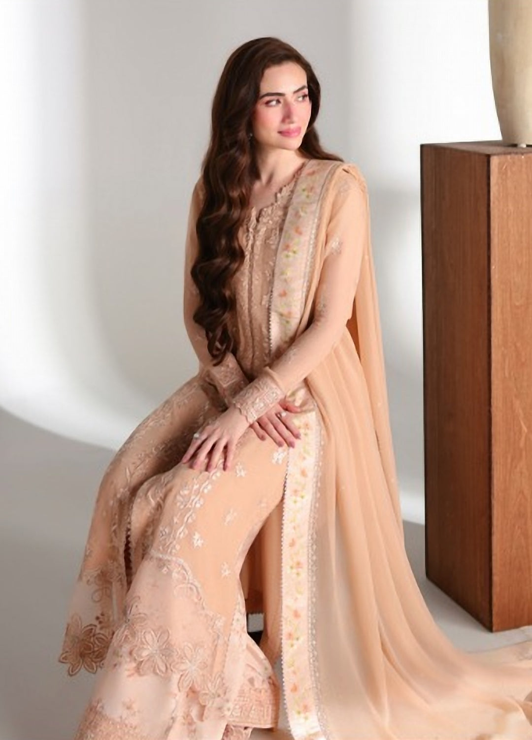 Ensembles by Azure Unstitched Embroidered Chiffon 3 Piece Suit AZ26UEF CREAM DREAM - Festive Collection