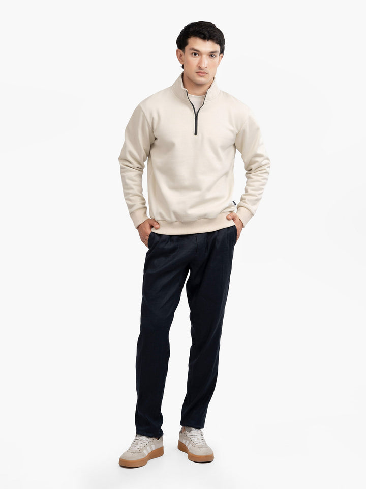 Brumano Mens RTW Solids Cotton 1 Piece Cream Fleece Mock Neck Winter Collection