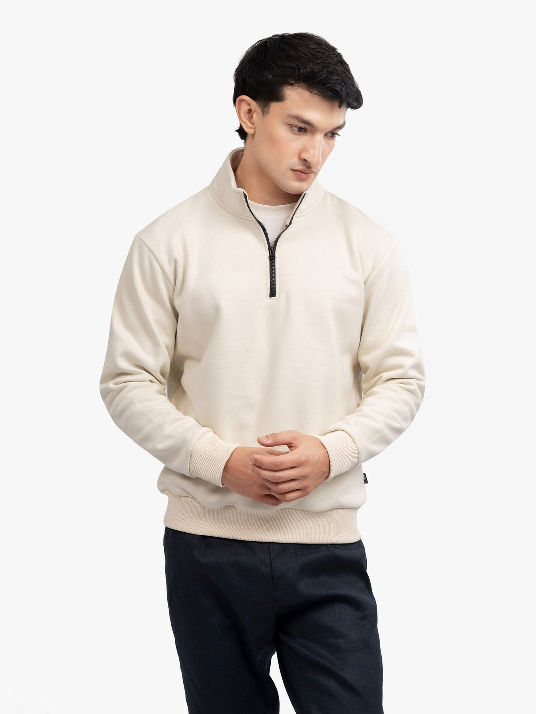 Brumano Mens RTW Solids Cotton 1 Piece Cream Fleece Mock Neck Winter Collection