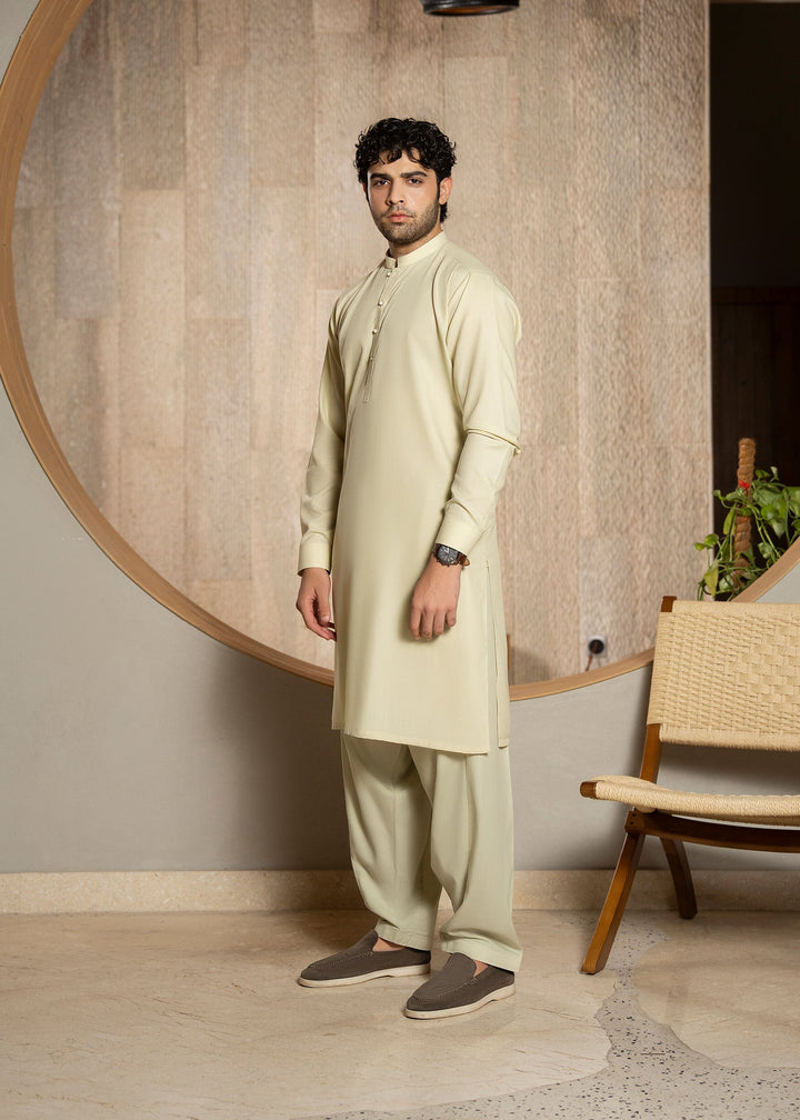 Buraq Men RTW Solids Wash N Wear Kurta Shalwar Suit Cream Casual Collection