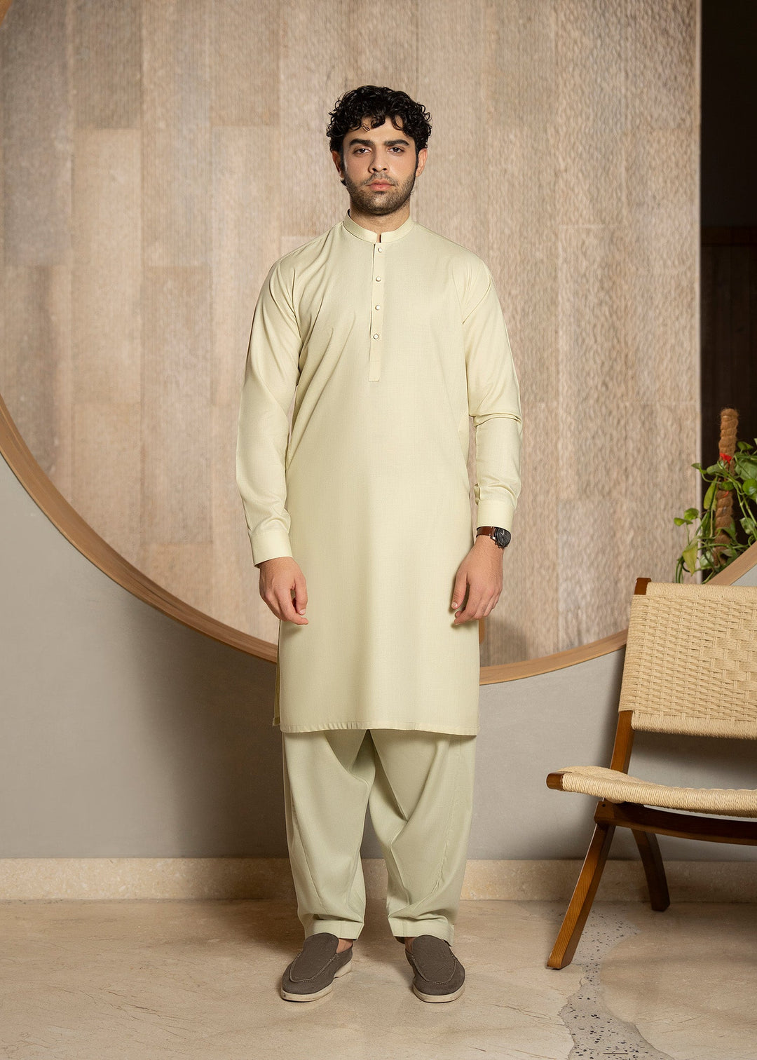Buraq Men RTW Solids Wash N Wear Kurta Shalwar Suit Cream Casual Collection