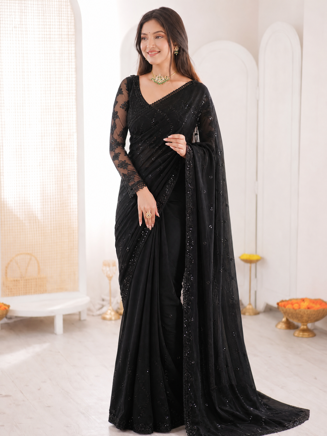 Zebtan Women Unstitched Embroidered Chiffon Saree Suit ZN-09 Festive Collection