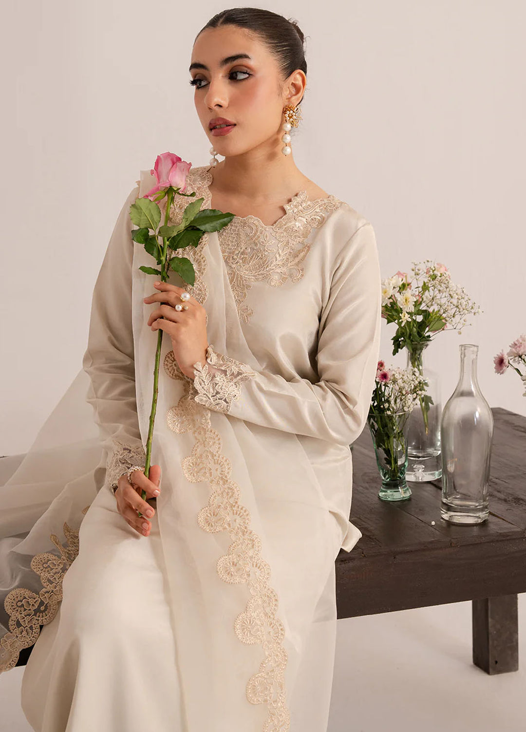 Izel Pret Embroidered Raw Silk 3 Piece Suit Creme