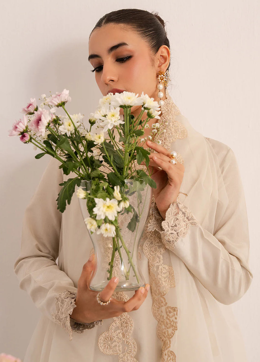 Izel Pret Embroidered Raw Silk 3 Piece Suit Creme