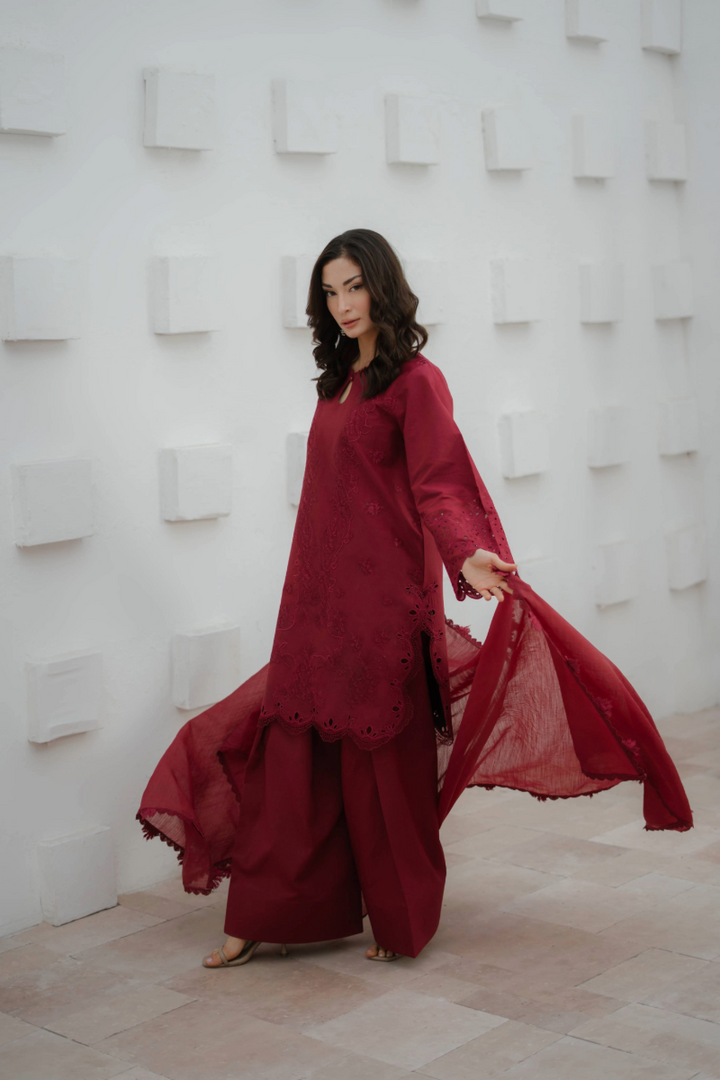 Manara by Maria Embroidered Chiffon 3 Piece Suit CRIMSON - Festive Collection