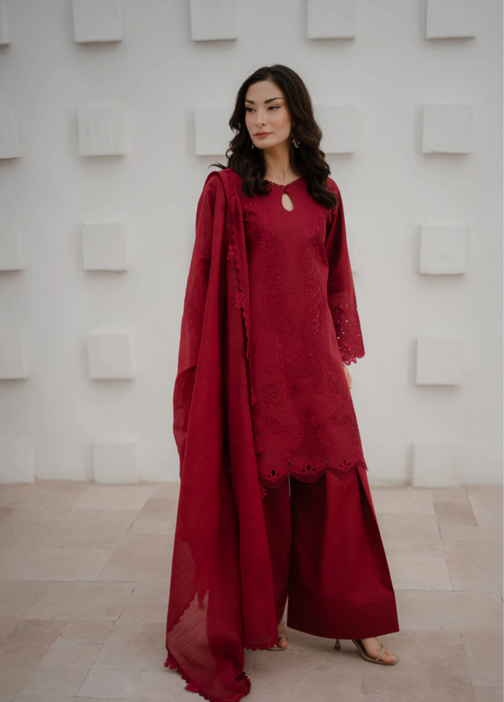 Manara by Maria RTW Embroidered Crimson 3 Piece Suit MN26RF Crimson M-08 - Festive Collection