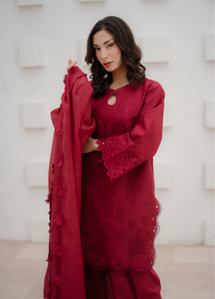 Manara by Maria RTW Embroidered Crimson 3 Piece Suit MN26RF Crimson M-08 - Festive Collection