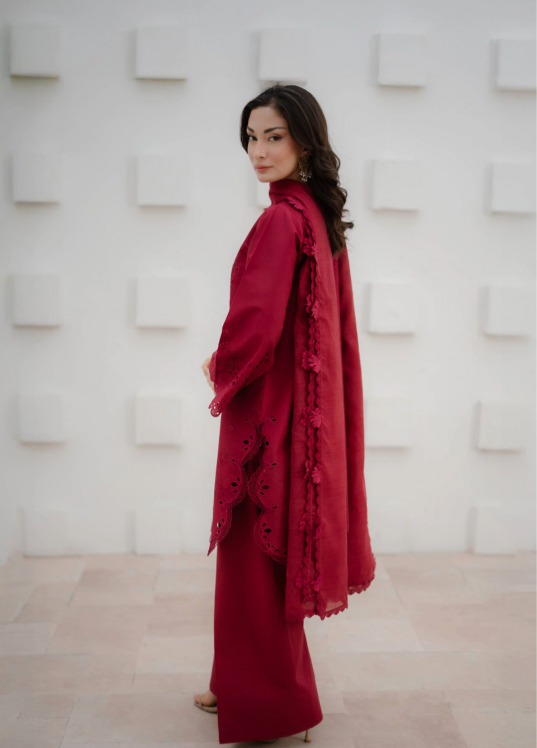 Manara by Maria RTW Embroidered Crimson 3 Piece Suit MN26RF Crimson M-08 - Festive Collection