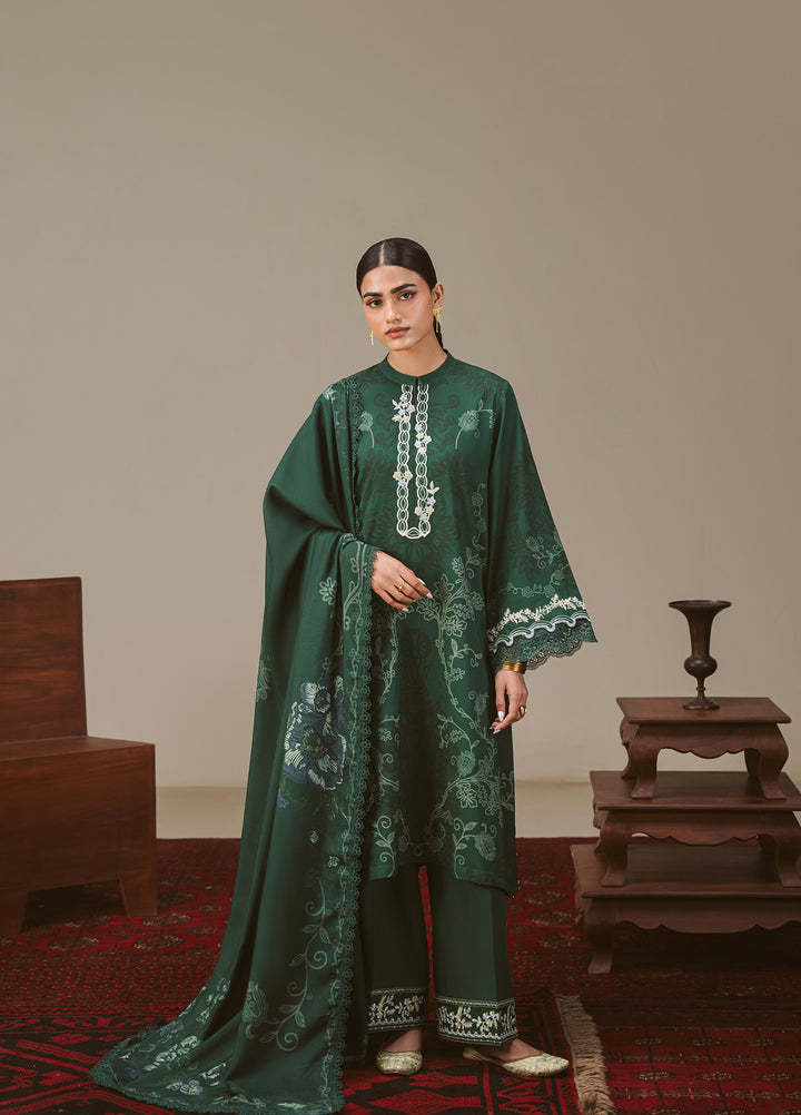 Cross Stitch Unstitched Printed Linen 3 Piece Suit CS25UW Meadow Green - Winter Collection