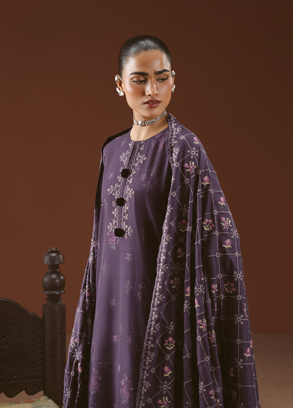 Cross Stitch Unstitched Printed Khaddar 3 Piece Suit CS25UW Purple Mosaic - Winter Collection