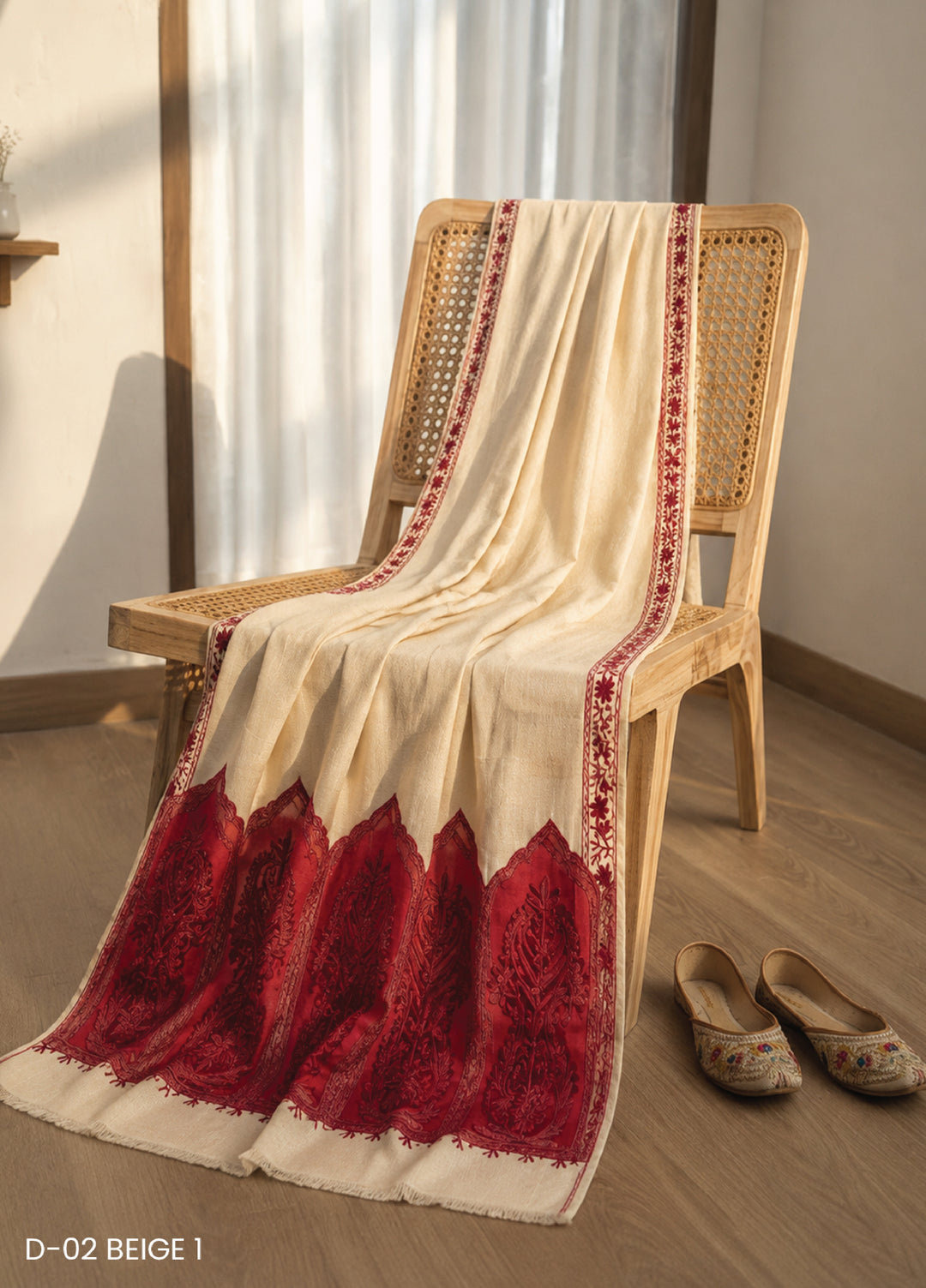 Sanaulla Exclusive Range RTW Embroidered Woven Shawl D-02 BEIGE 1 - Winter Collection