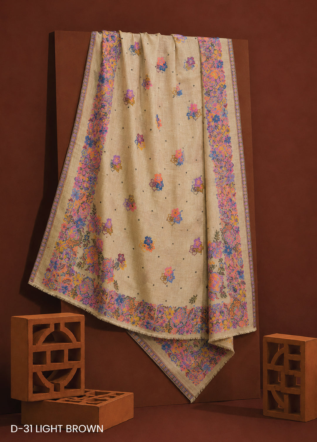 Sanaulla Exclusive Range RTW Printed Woven Shawl D-31 LIGHT BROWN - Winter Collection