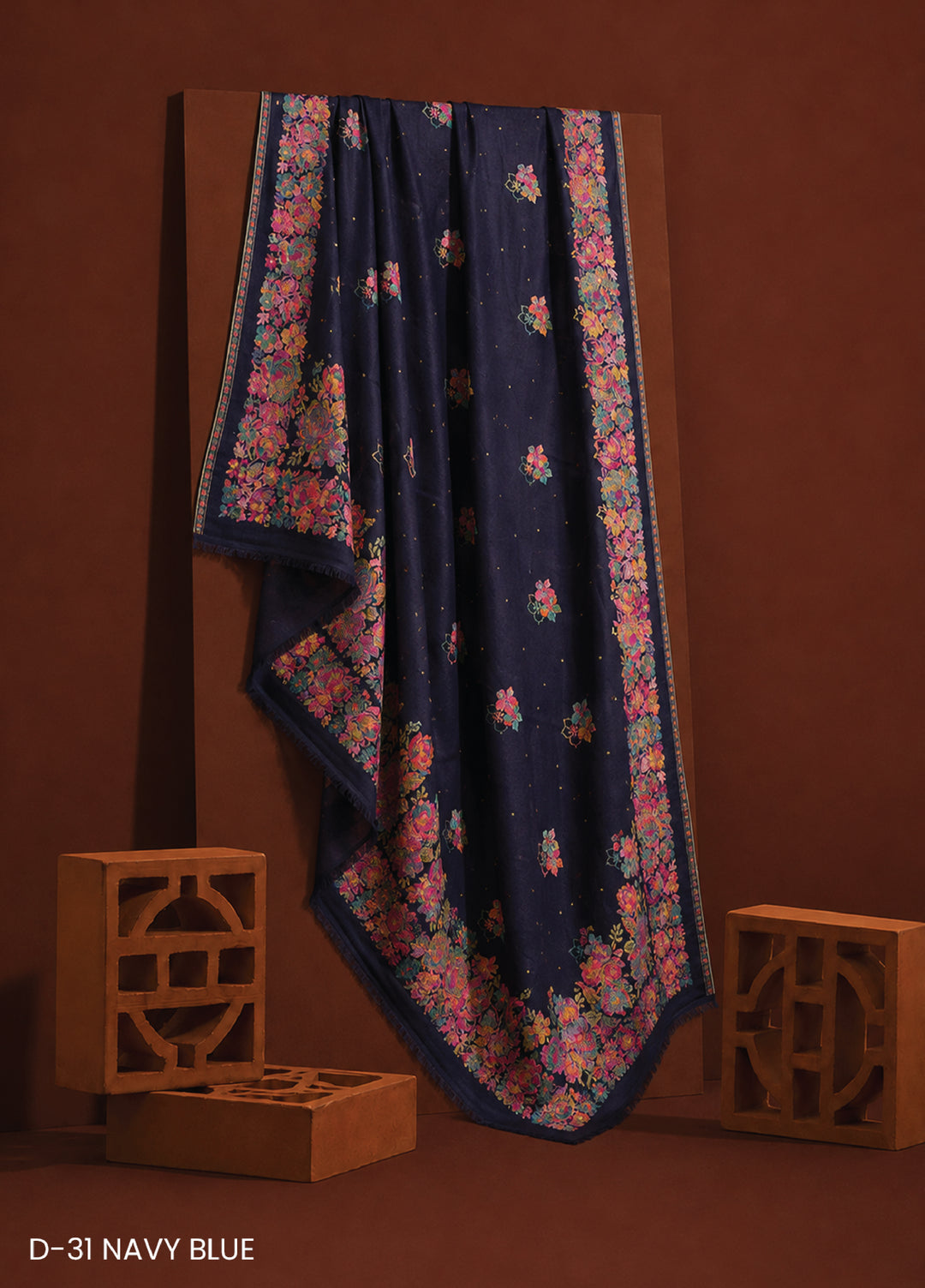Sanaulla Exclusive Range RTW Printed Woven Shawl D-31 NAVY BLUE - Winter Collection