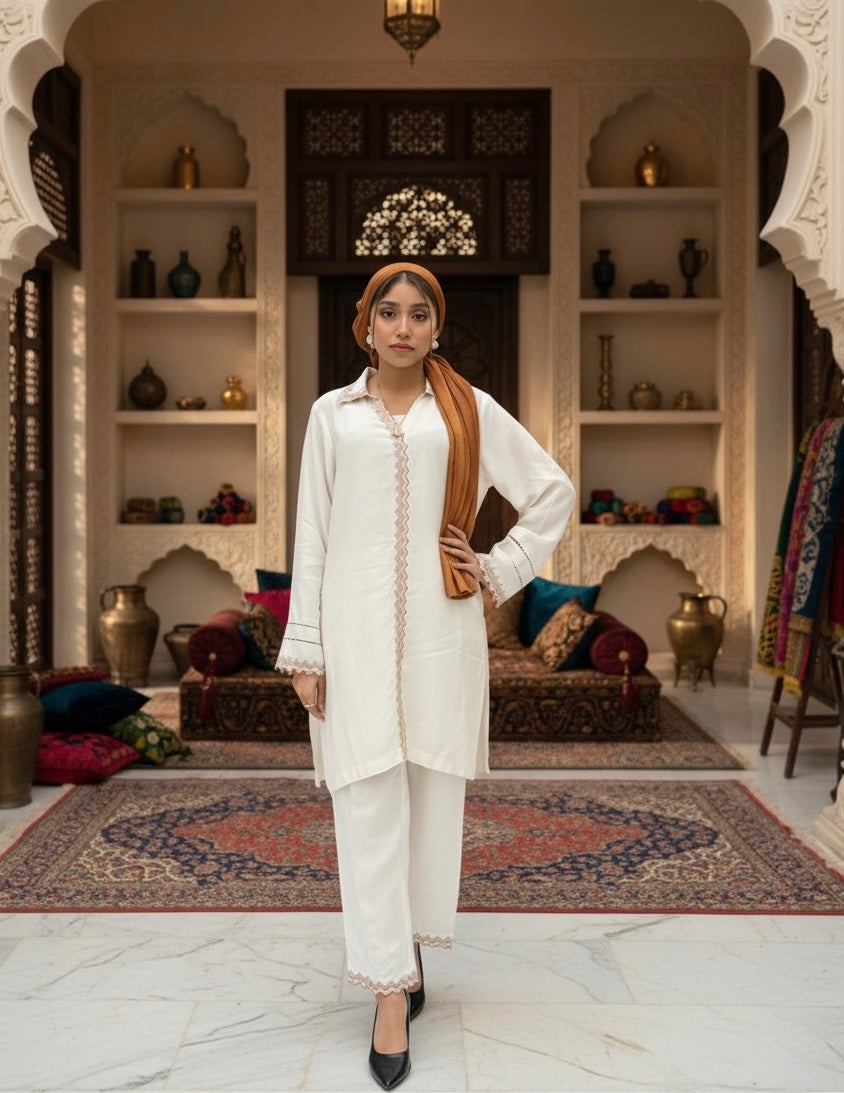 Syah Women RTW Embroidered Silk 2 Piece Suit Ivory - Casual Collection