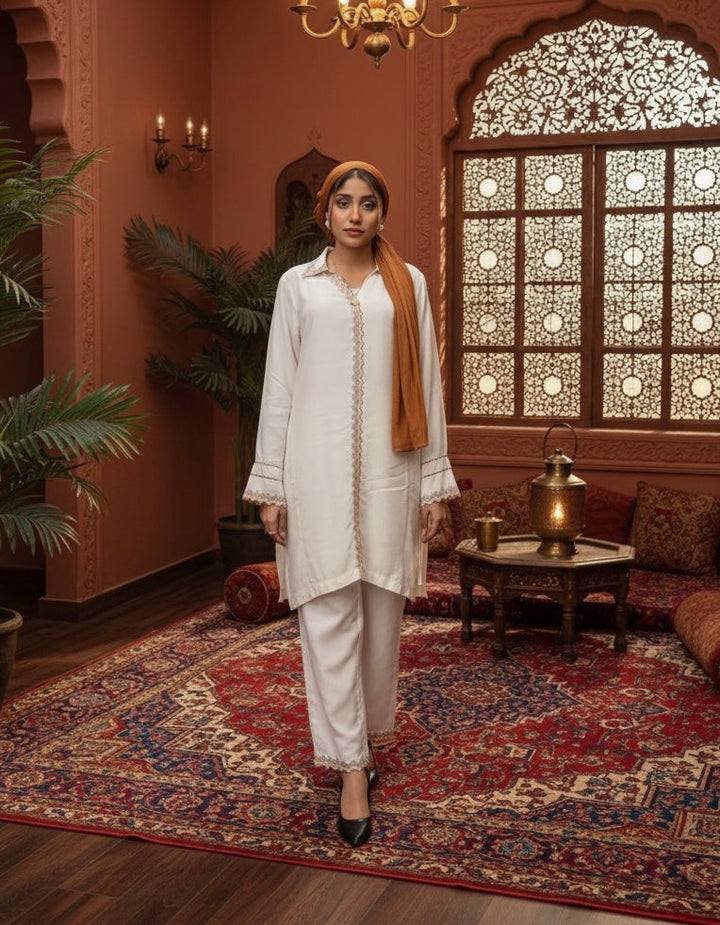 Syah Women RTW Embroidered Silk 2 Piece Suit Ivory - Casual Collection