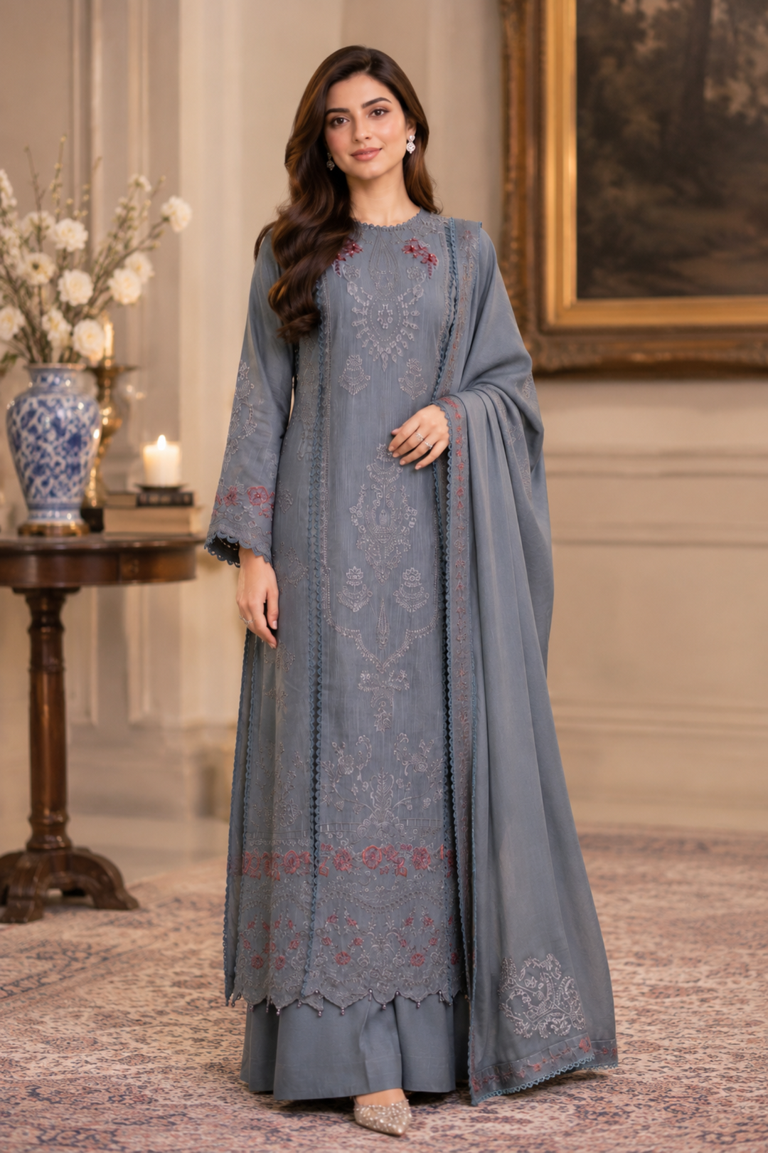Noor Pashmina Shawl by Saadia Asad Unstitched Embroidered Khaddar 3 Piece Suit SA26UNW D9 - Winter Collection