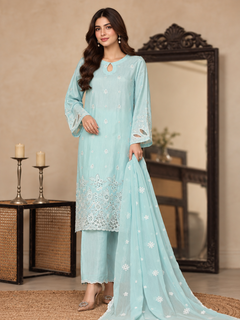 Majestic Silk by HZ Textiles RTW Embroidered Rawsilk 3 Piece Suit HZ26RMS RDE-3P-002 Ocean Mint - Festive Collection