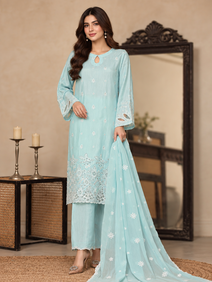 Majestic Silk by HZ Textiles RTW Embroidered Rawsilk 3 Piece Suit HZ26RMS RDE-3P-002 Ocean Mint - Festive Collection