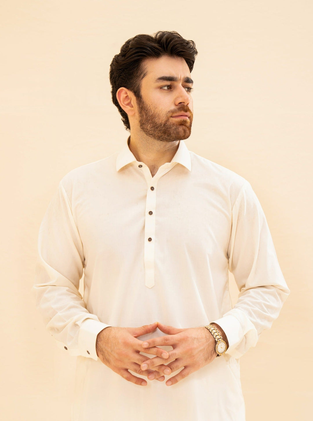 Muraqsh Ready To Wear Solids  Men Bosky White French Collar Kameez Shalwar MUR-BWFCK - Summer Collection