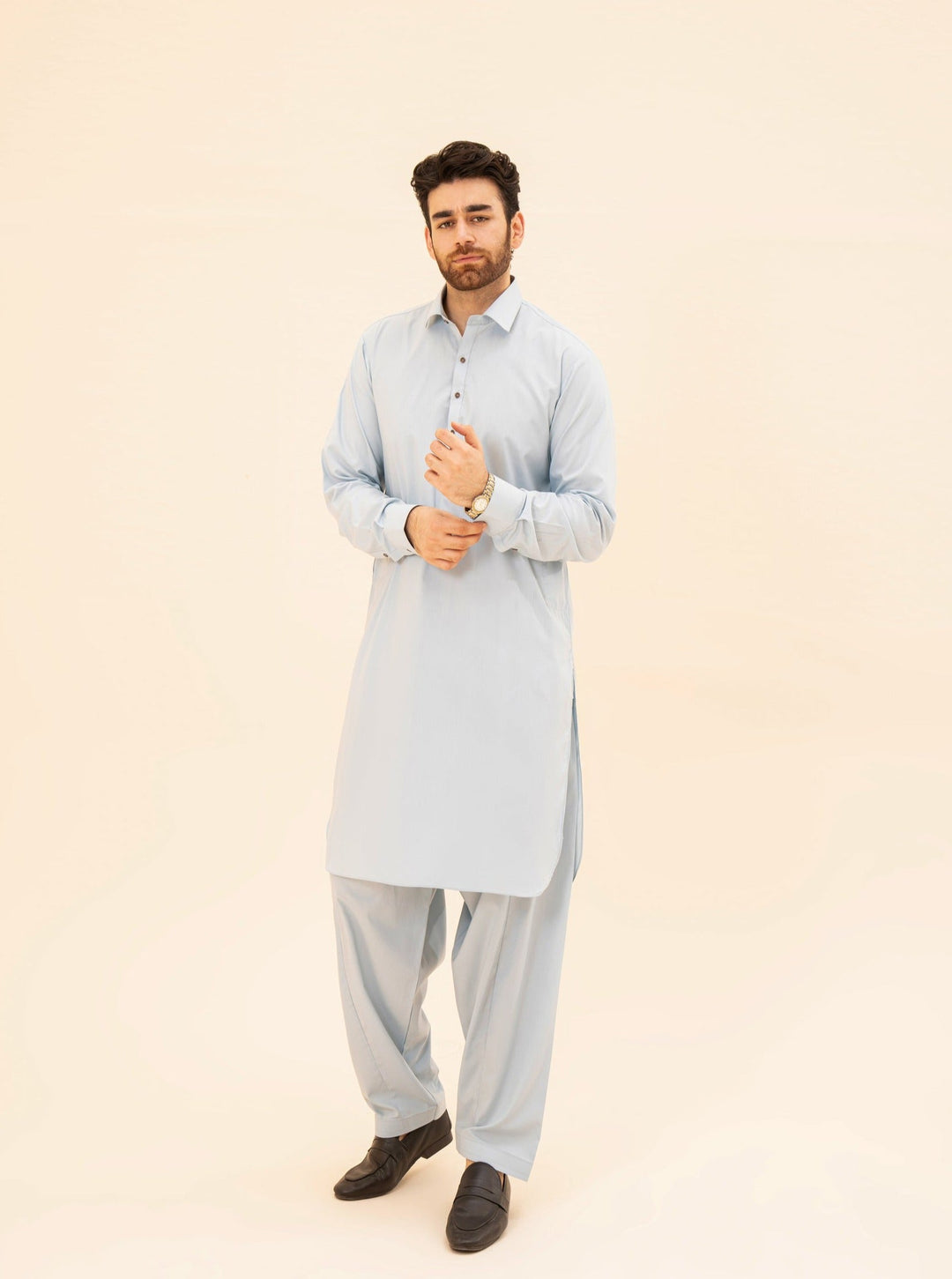 Muraqsh Ready To Wear Solids Cotton Men Sky Blue French Collar Kameez Shalwar MURBFCK - Summer Collection