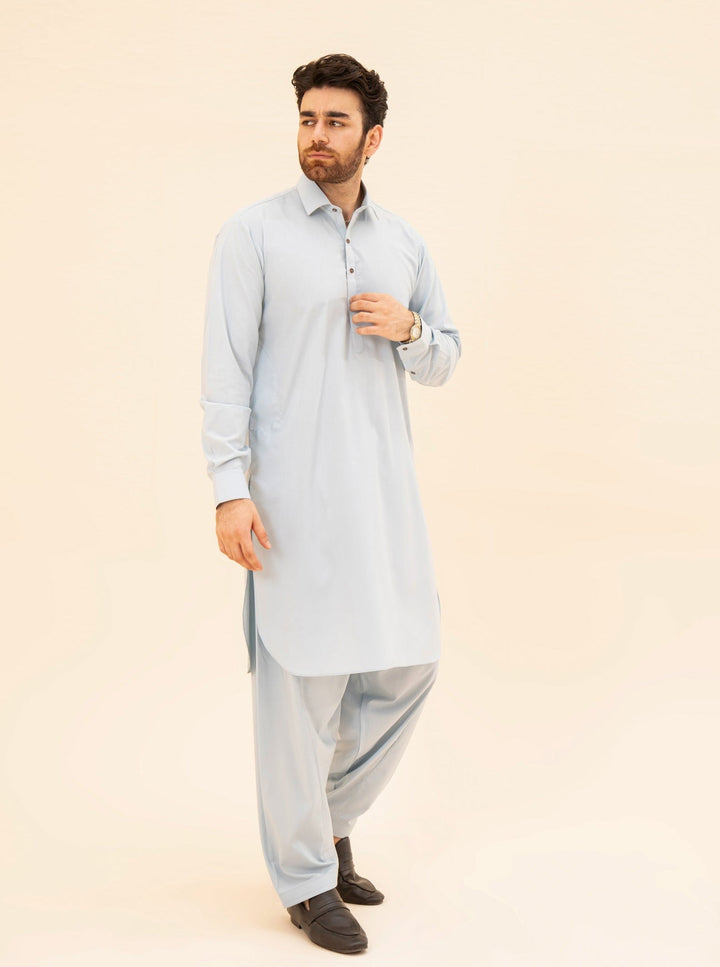 Muraqsh Ready To Wear Solids Cotton Men Sky Blue French Collar Kameez Shalwar MURBFCK - Summer Collection