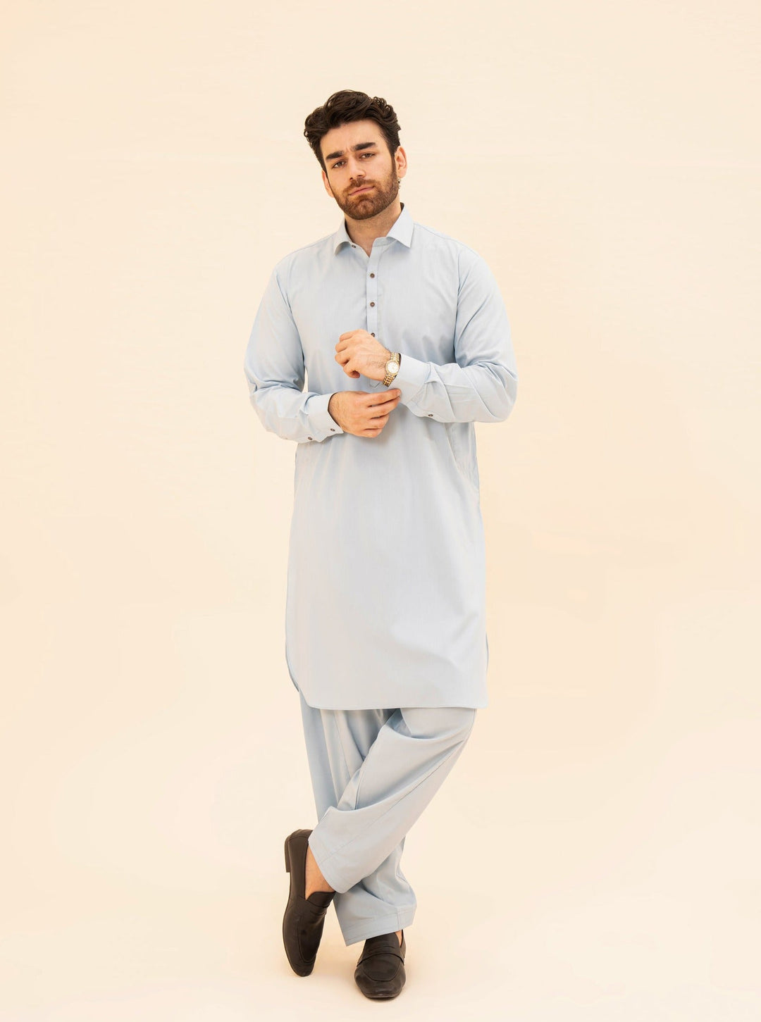 Muraqsh Ready To Wear Solids Cotton Men Sky Blue French Collar Kameez Shalwar MURBFCK - Summer Collection