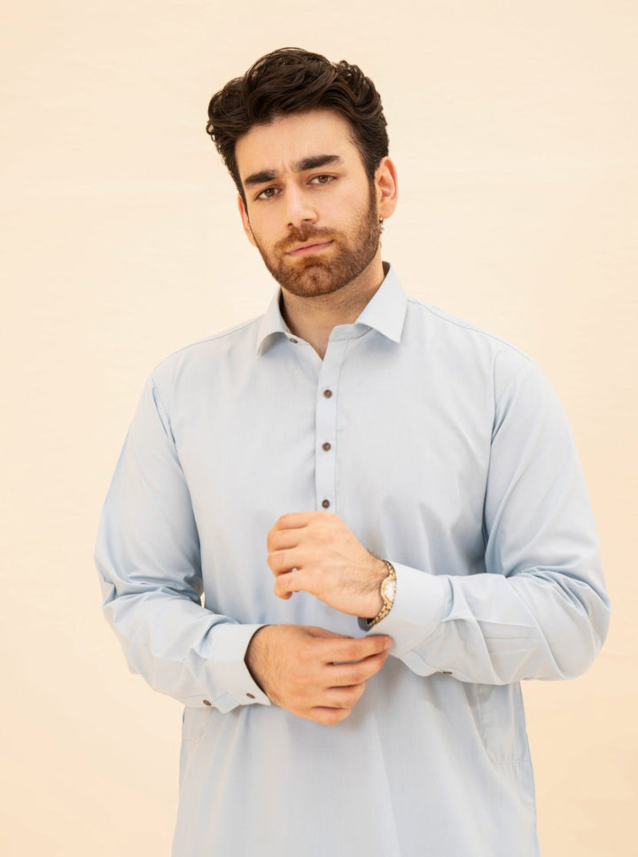 Muraqsh Ready To Wear Solids Cotton Men Sky Blue French Collar Kameez Shalwar MURBFCK - Summer Collection